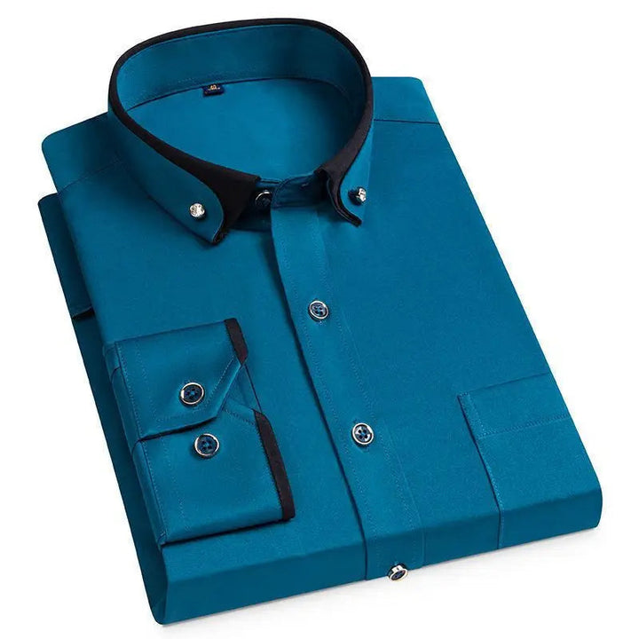 Smart casual heren business overhemd, strijkvrij, met stretch en moderne vierkante kraag voor werk.