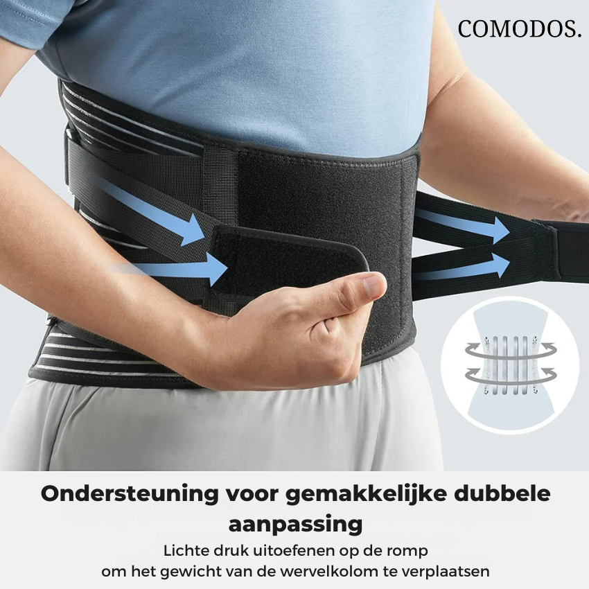 Ergonomische rugband die de wervelkolom stabiliseert, ideaal voor houdingscorrectie en rugpijn preventie.