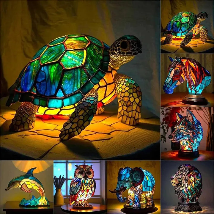 Overzicht van diverse handgemaakte dierlampen waaronder een schildpad en uil
