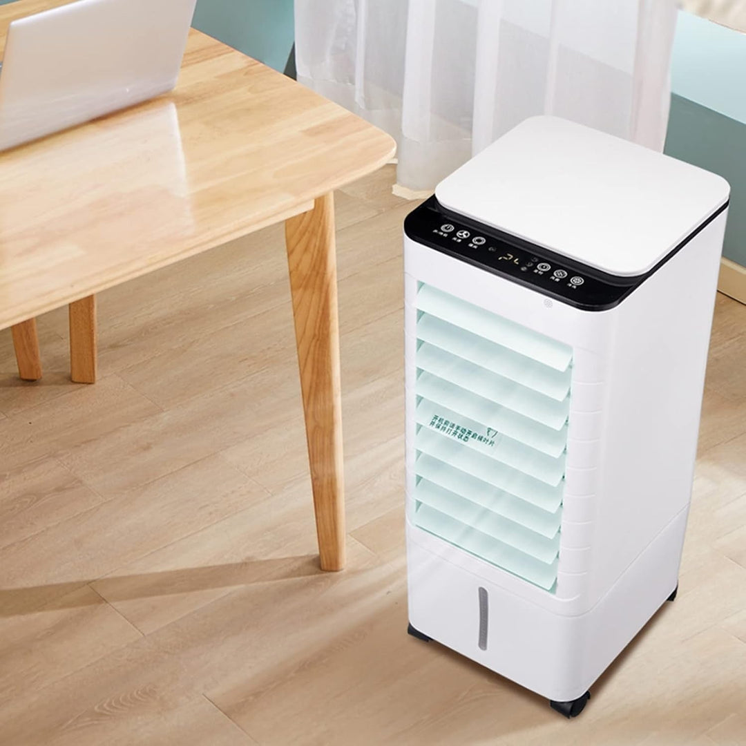 Strak design draagbare 3-in-1 airco. Compacte luchtkoeler, bevochtiger & zuiveraar. Stil en efficiënt voor elke ruimte.