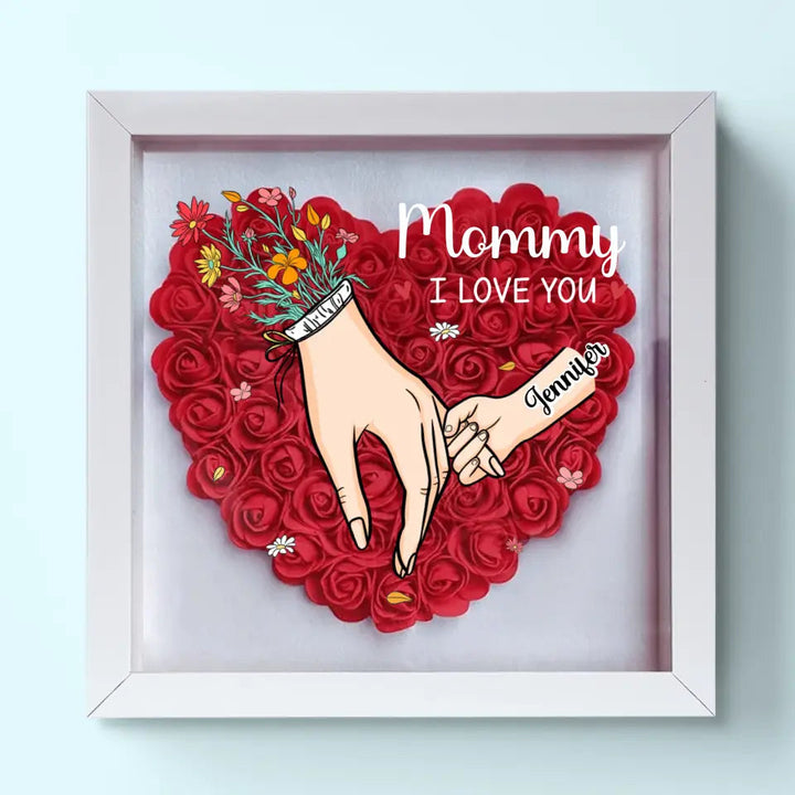 Vierkant gepersonaliseerd Moederdag cadeau: bloemen schaduwdoos met namen, een bijzonder aandenken.