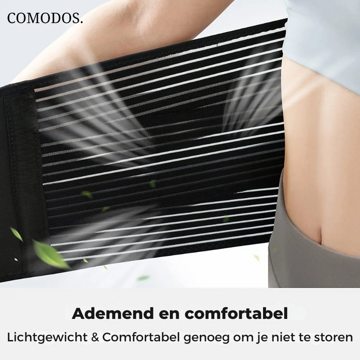 Flexibele rugband voor actieve pijnverlichting en houdingscorrectie, discreet te dragen onder kleding.