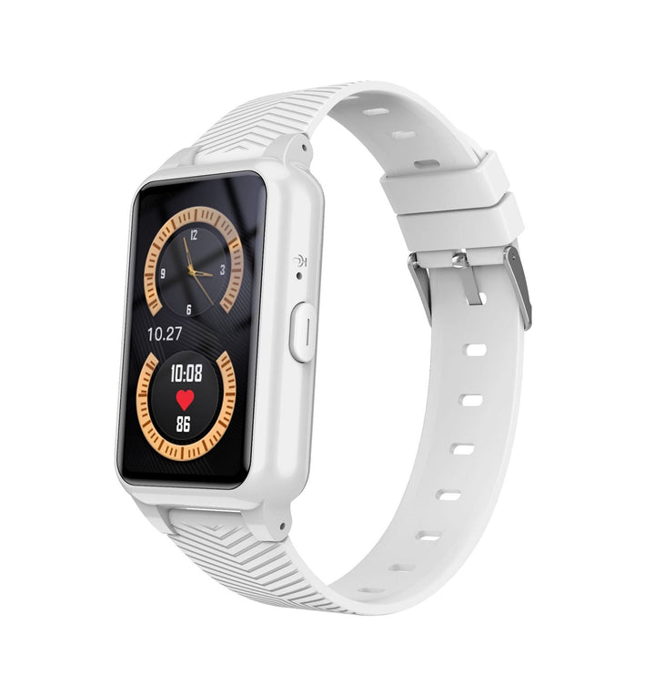 Een oudere persoon lachend met de senior smartwatch om. Stimuleert onafhankelijkheid en veiligheid thuis en onderweg.