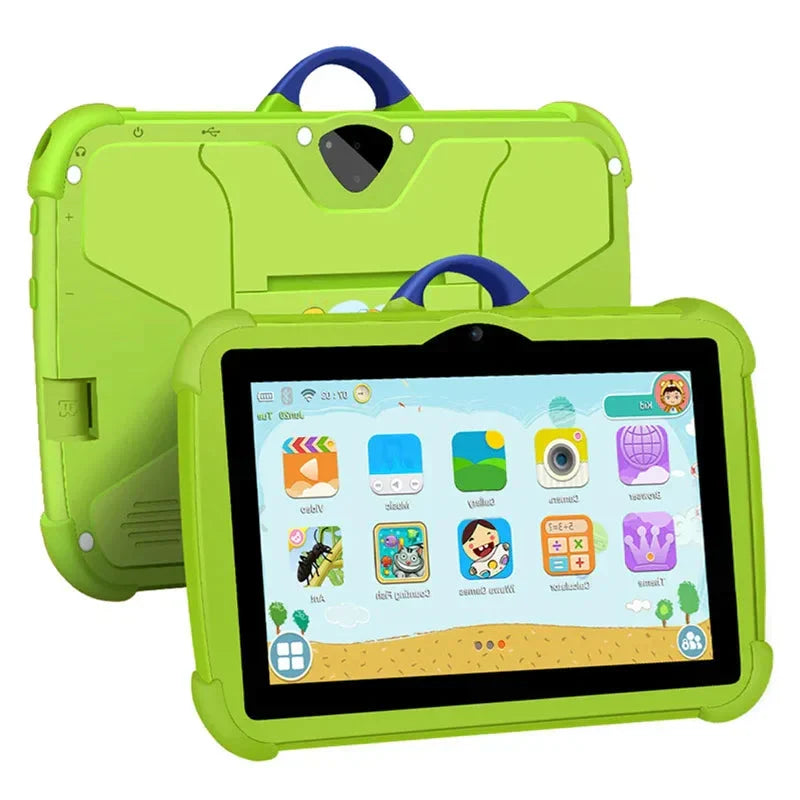 "7 inch blauwe kindertablet met 5G WiFi, 64GB opslag, stevig ontwerp, geschikt voor educatie en entertainment, zijaanzicht."