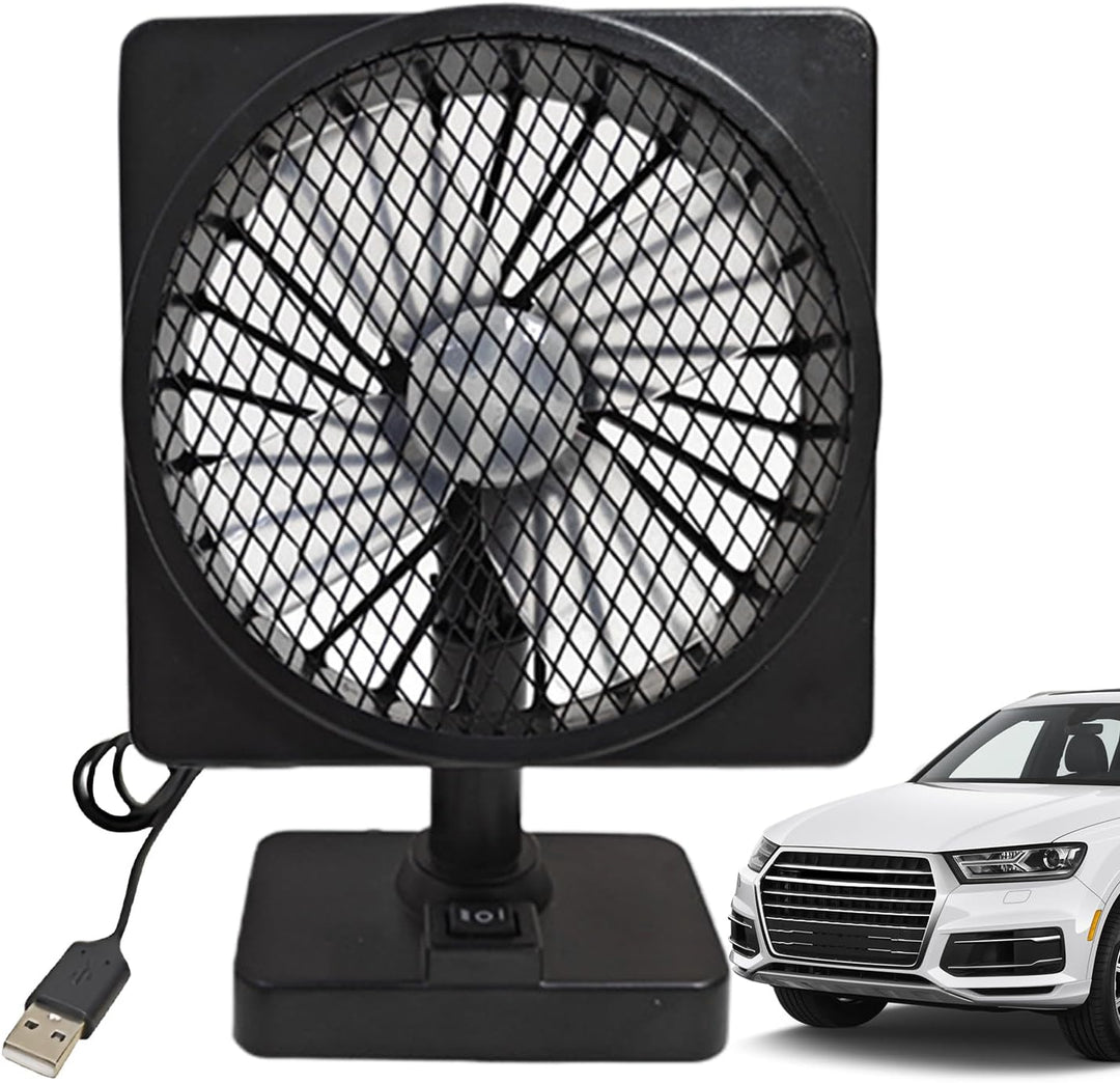 12V USB autokoelventilator met 360° rotatie voor optimale luchtcirculatie in voertuig. Ideaal voor zomerreizen.