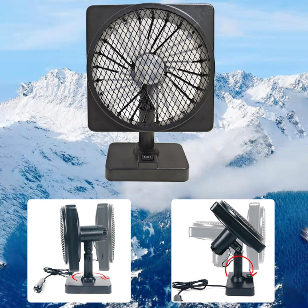Compacte 12V USB ventilator voor auto, camper of vrachtwagen. Stille koeling en 360° draaibaar. Eenvoudig aan te sluiten.