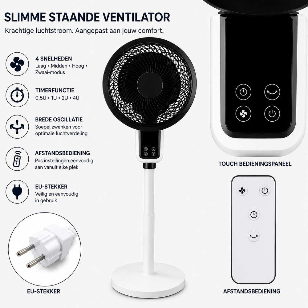 Overzicht van alle functies en accessoires van de staande ventilator
