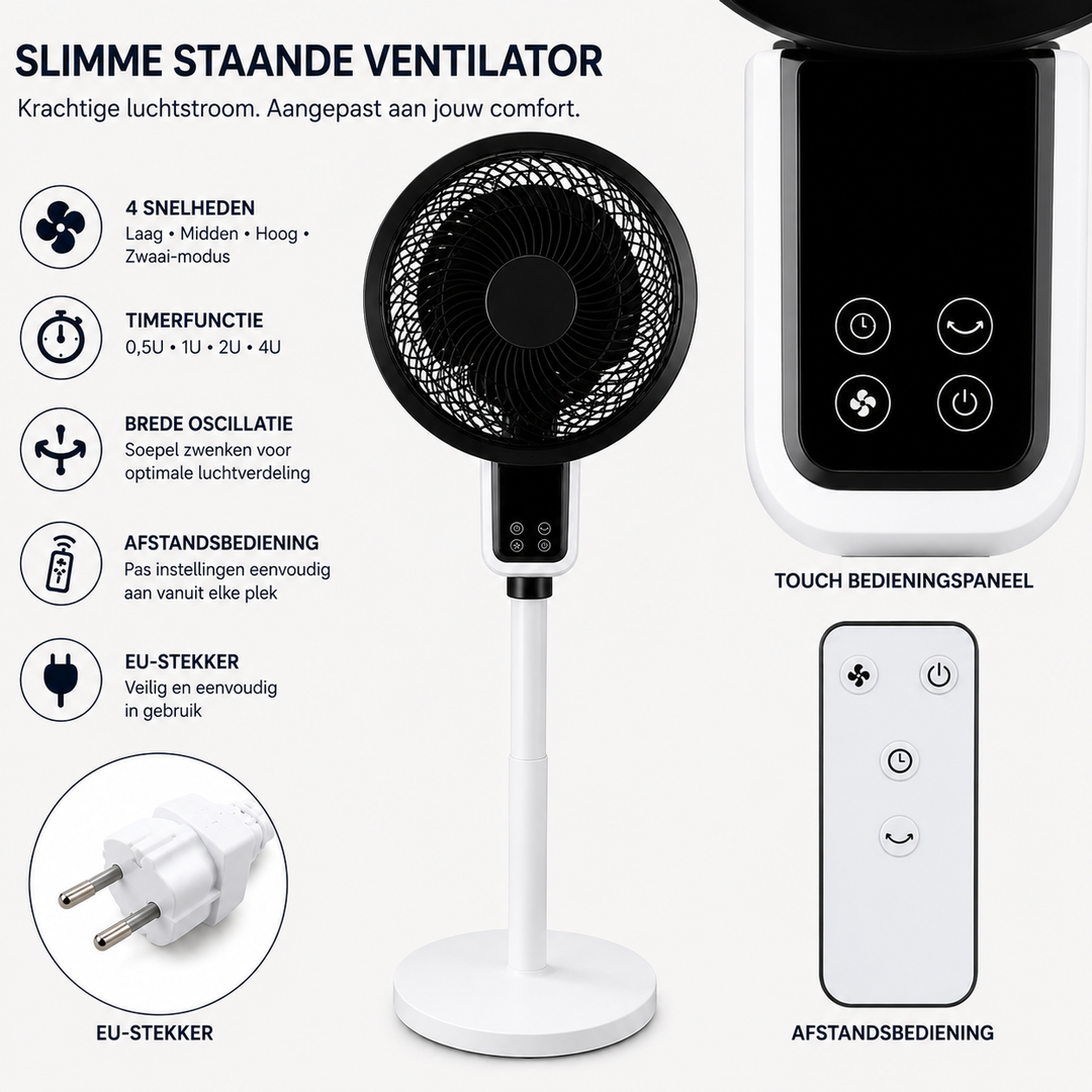 Overzicht van alle functies en accessoires van de staande ventilator