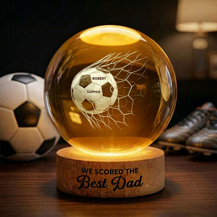 Gepersonaliseerde kristallen nachtlamp voor voetbal papa met unieke 3D gravure, perfect vaderdag cadeau.