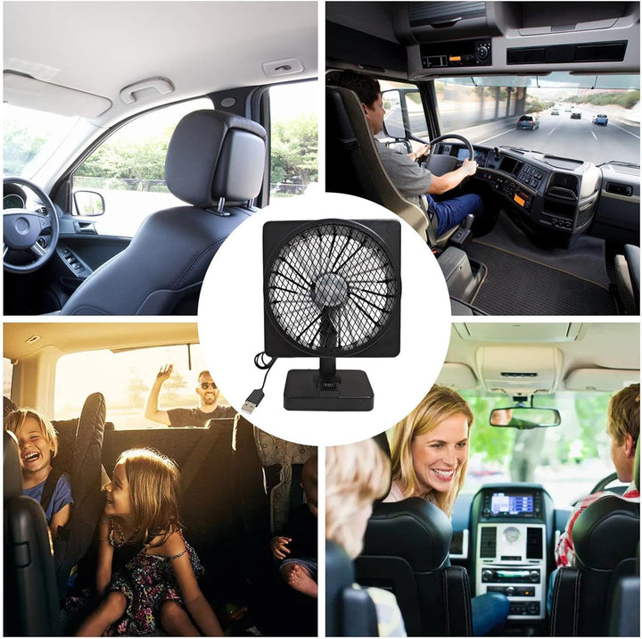 Stille USB koelventilator voor auto, perfect voor comfort tijdens zomerreizen. 12V stroom, met efficiënte luchtcirculatie.