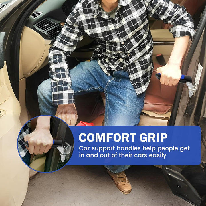 Veilige Moventa auto handgrepen (set van 2): comfortabele instaphulp met noodhamer en gordelsnijder.