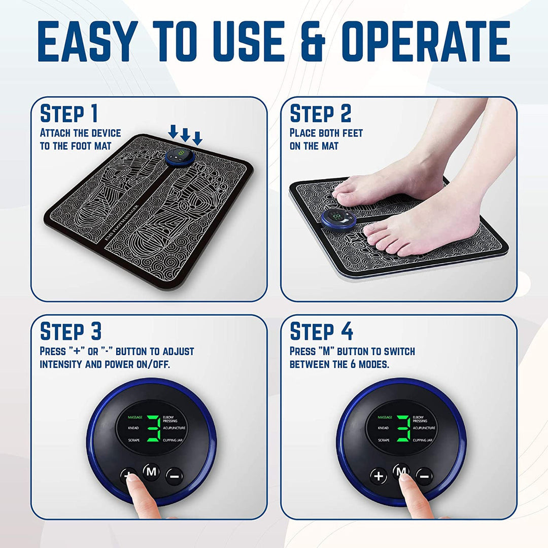 Compact EMS voetmassageapparaat met diverse standen voor ontspanning en revitalisering van vermoeide voeten.