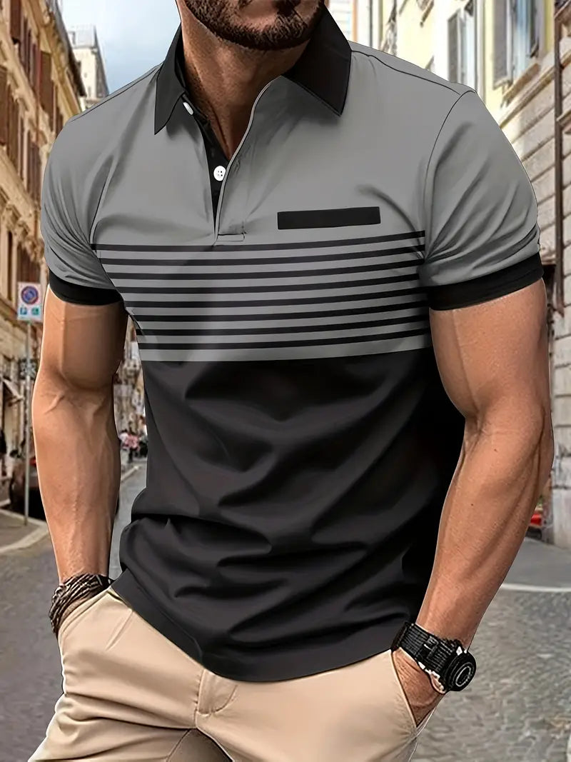 Donkerblauwe heren casual gestreepte polo met korte mouw voor de zomer