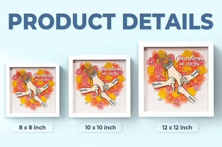 Gepersonaliseerd geschenk voor moeder: Bloemen schaduwdoos met namen, liefde en hart.