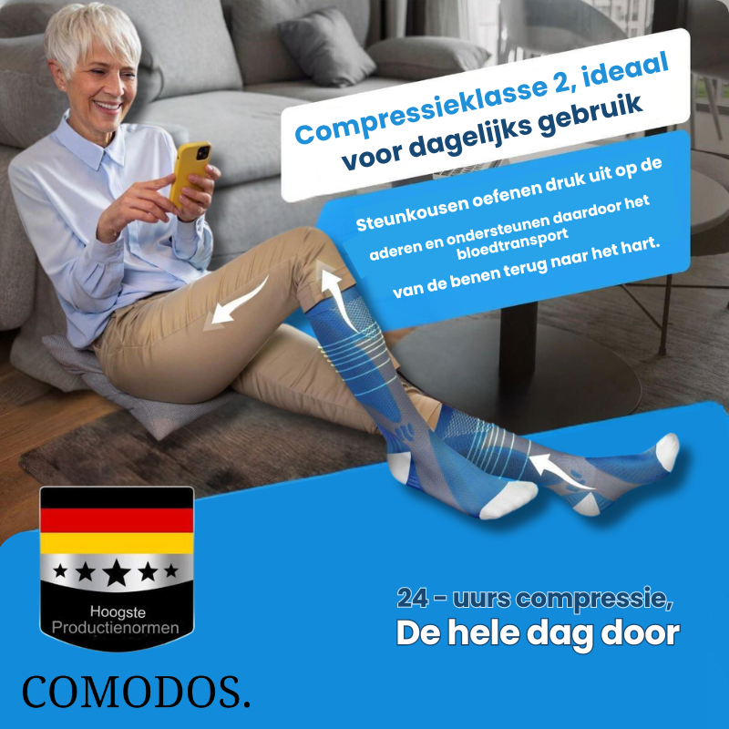 Energieke benen dankzij compressiekousen; ondersteuning en comfort voor actieve levensstijl, stimuleert bloedsomloop.