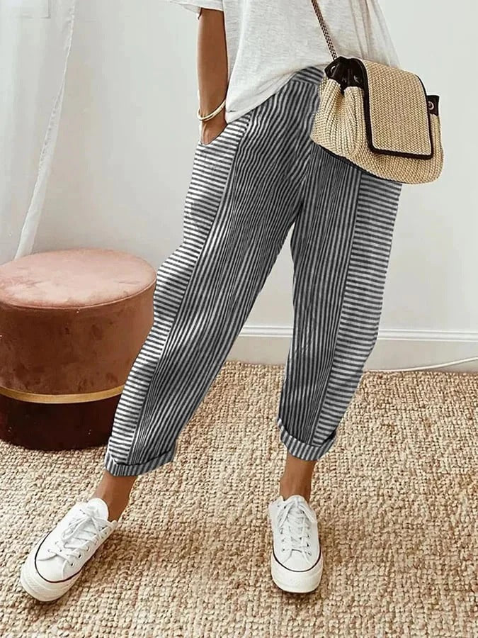 Luchtige katoenlook zomerbroek met hoge taille in trendy gestreepte stijl