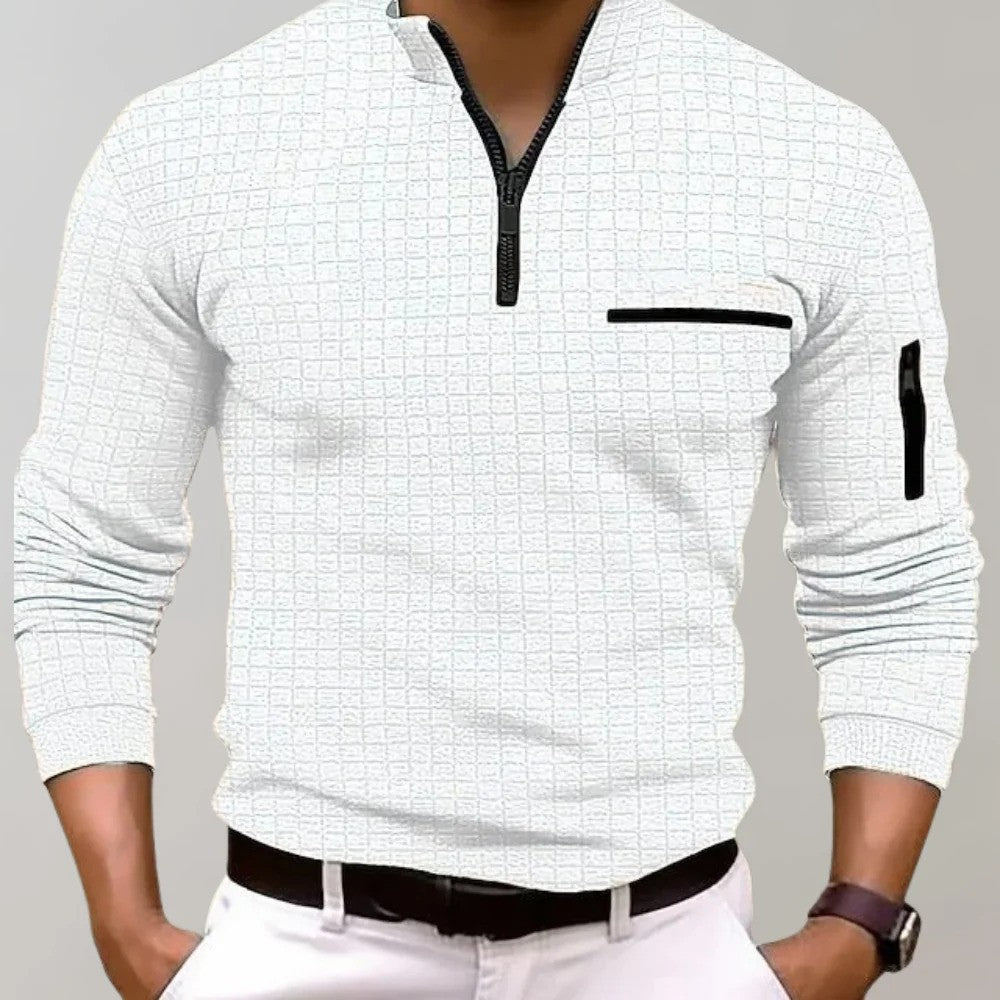 Witte heren polo met lange mouwen en opstaande kraag