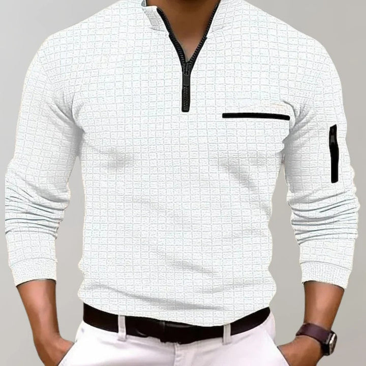 Witte heren polo met lange mouwen en opstaande kraag