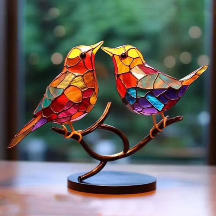 Vier Acryl Vogels op Tak Beeld met diverse tinten, creëert een vrolijke sfeer (Stijl 4).