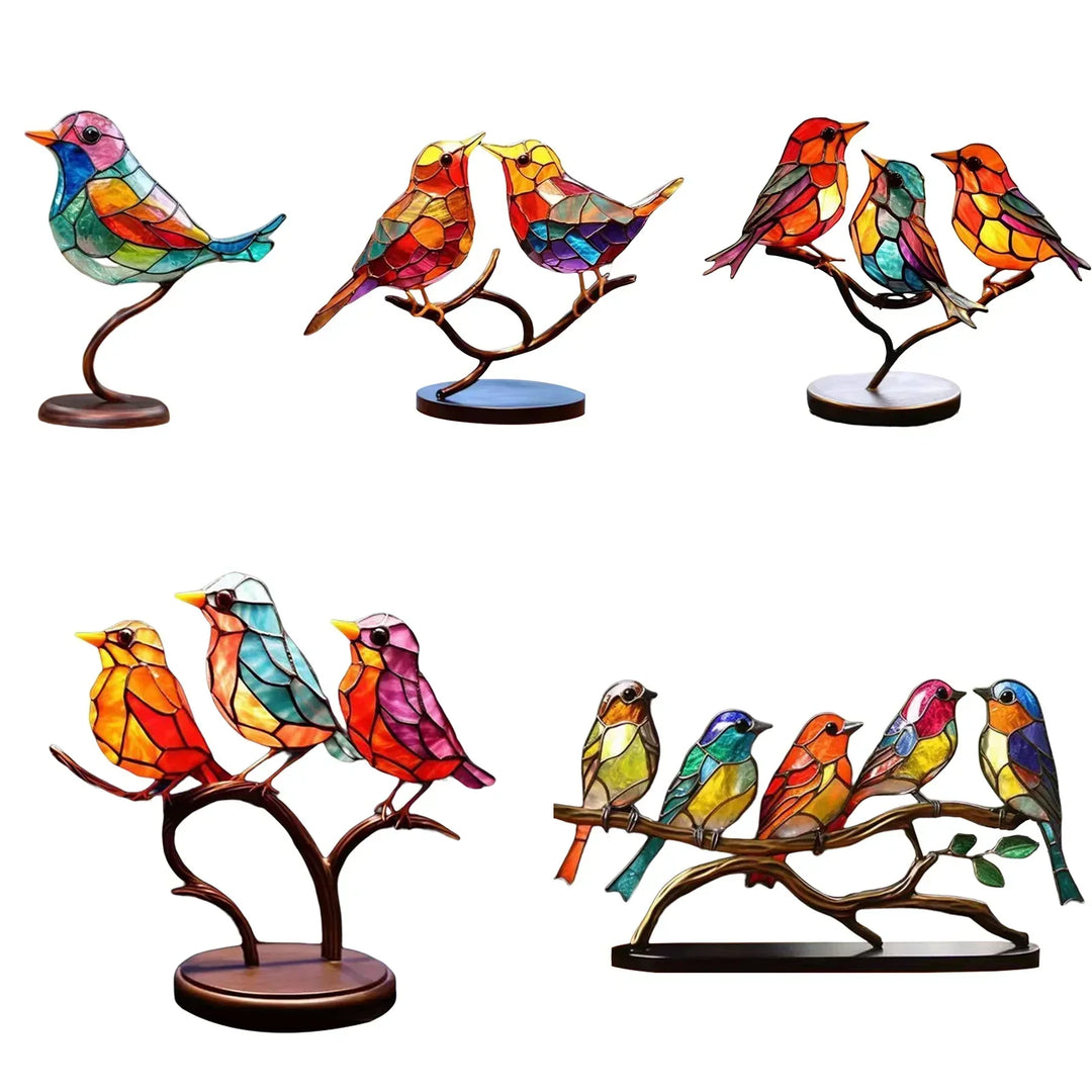 Gedetailleerd overzicht van alle vijf stijlen van Acryl Vogels op Tak Beeld.