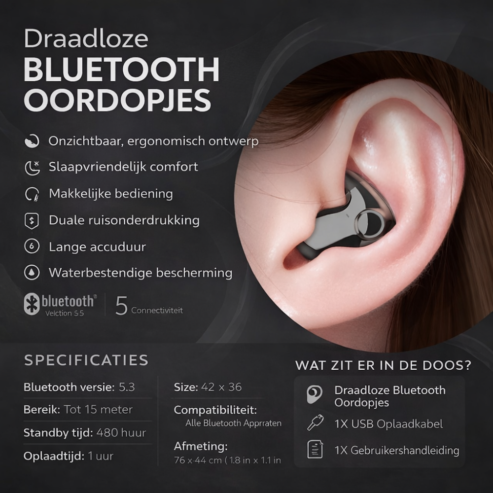 Zwarte draadloze oordopjes met bluetooth en oplaadcase in moderne stijl