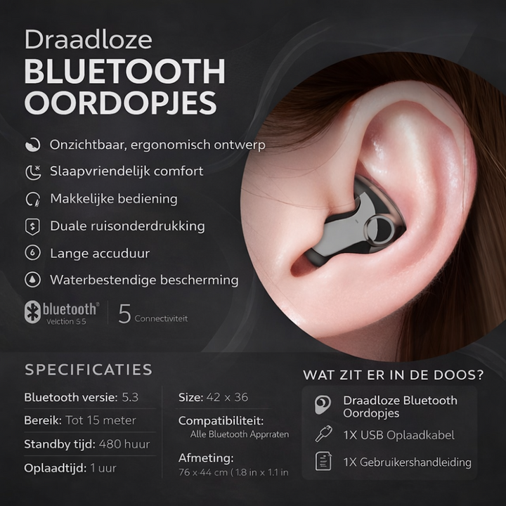 Zwarte draadloze oordopjes met bluetooth en oplaadcase in moderne stijl