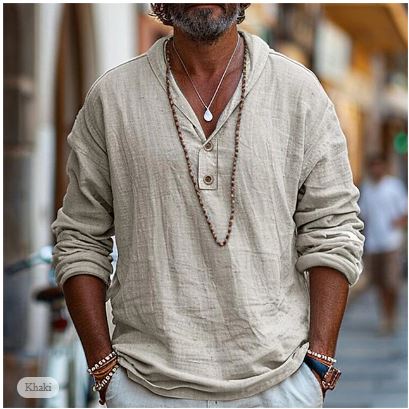 Stijlvol blauw heren Henley overhemd met lange mouwen, perfect voor casual lente- en zomerdagen. Comfortabele pasvorm.