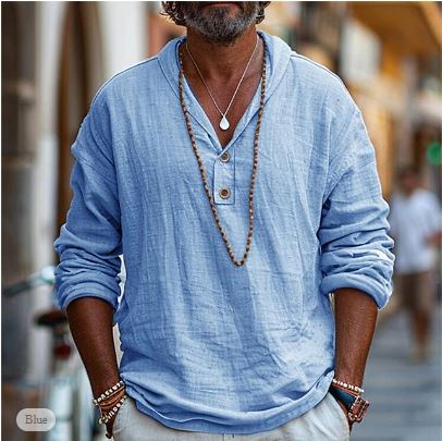 Zwart heren Henley shirt met lange mouwen; casual en comfortabel voor lente/zomer. Ideaal voor een stijlvolle, ontspannen look.