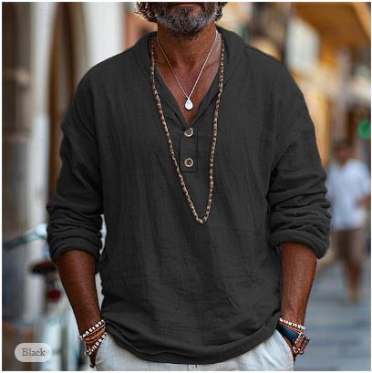 Bruin heren Henley overhemd met lange mouwen, casual en stijlvol. Comfortabel v-hals shirt voor de lente en zomer.