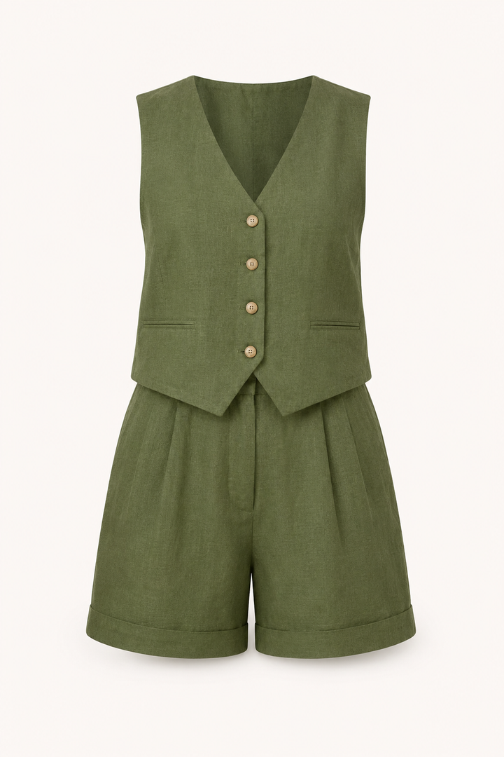Groene dames set Rita met kort vest en comfortabele short voor warme zomerdagen