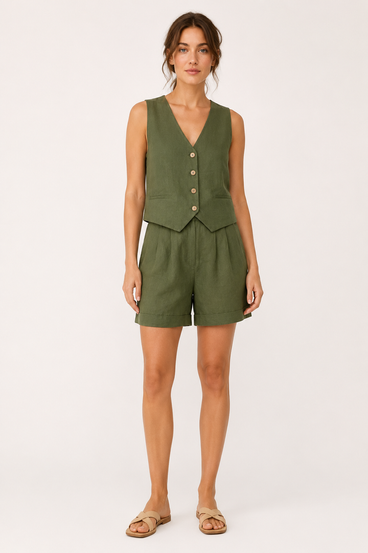 Volledige outfit van de groene dames set Rita met vest en short