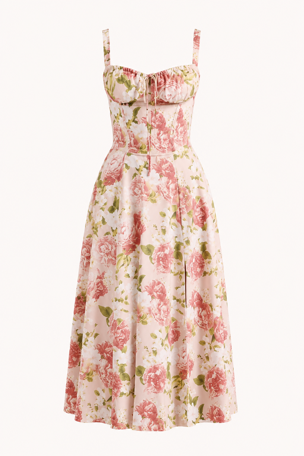 Productweergave van de roze bloemen midi-jurk voor dames op een witte achtergrond