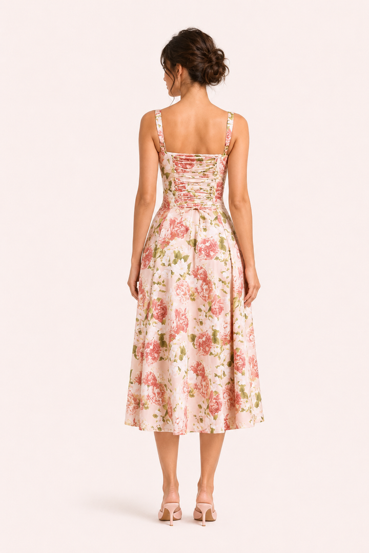 Achterkant van de roze bloemen midi-jurk met gedetailleerde sluiting