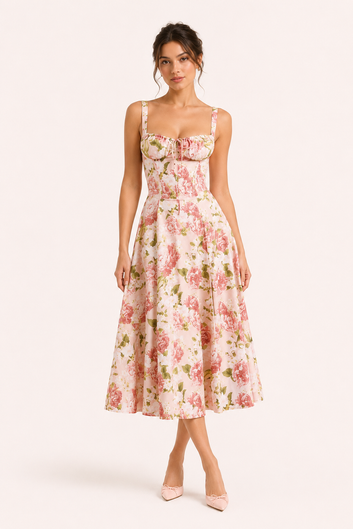 Model draagt een roze bloemen midi-jurk met brede bandjes aan de voorkant