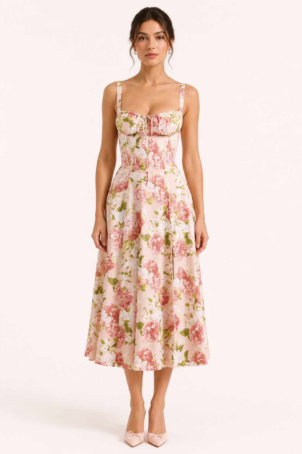 Roze dames midi bloemenjurk met brede bandjes voor de zomer