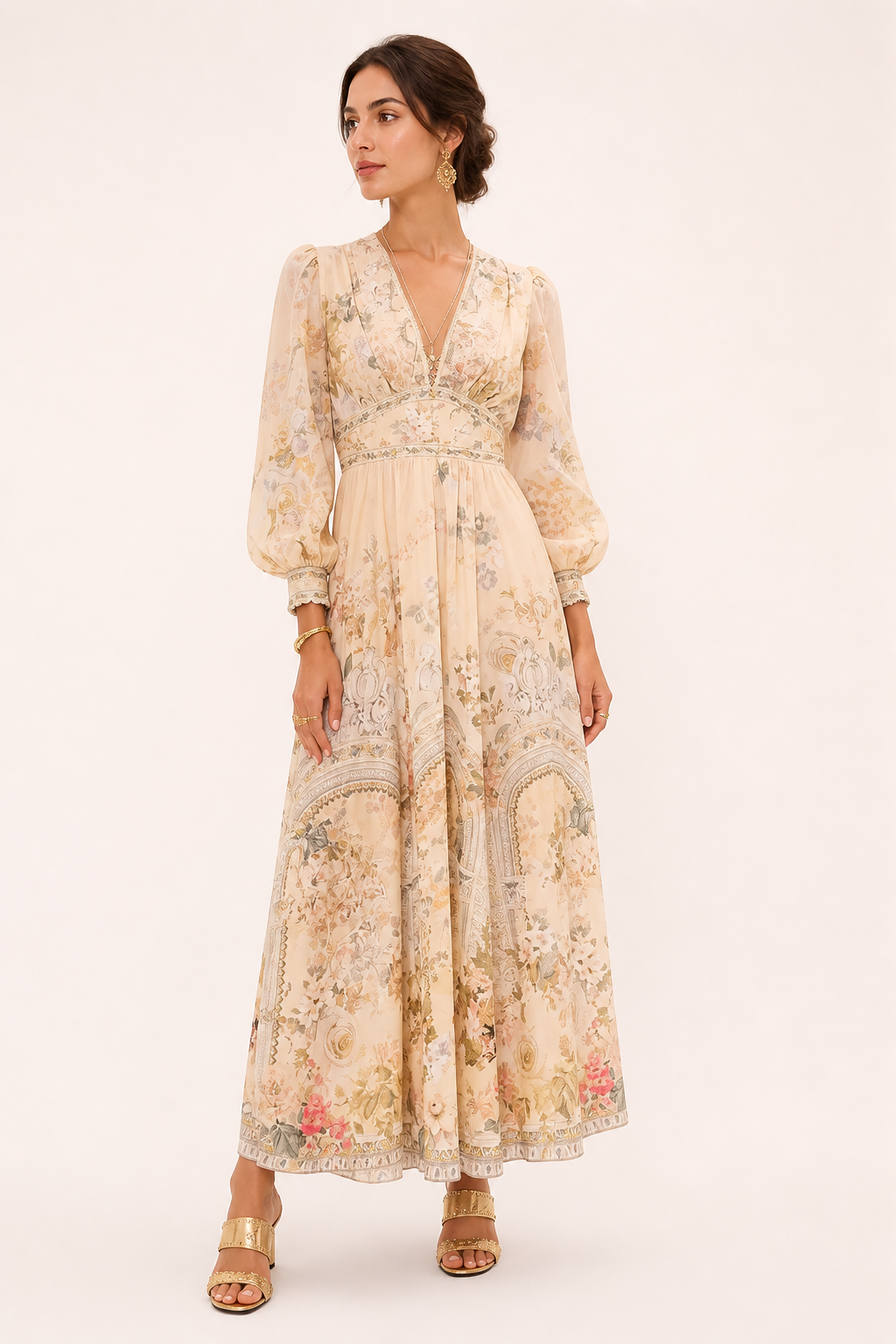Elegante dames midi-jurk met V-hals, pofmouwen en hoge taille, perfect voor lente en zomer.