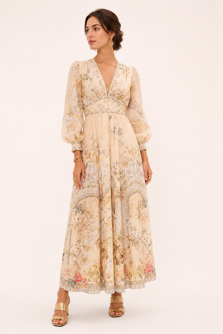Elegante dames midi-jurk met V-hals, pofmouwen en hoge taille, perfect voor lente en zomer.