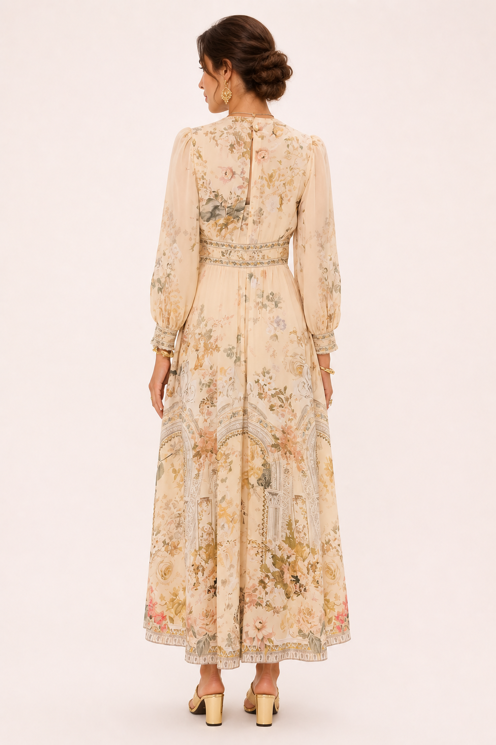 Stijlvolle casual dames midi-jurk met V-hals en pofmouwen; ideale zomerjurk voor vrouwenmode.