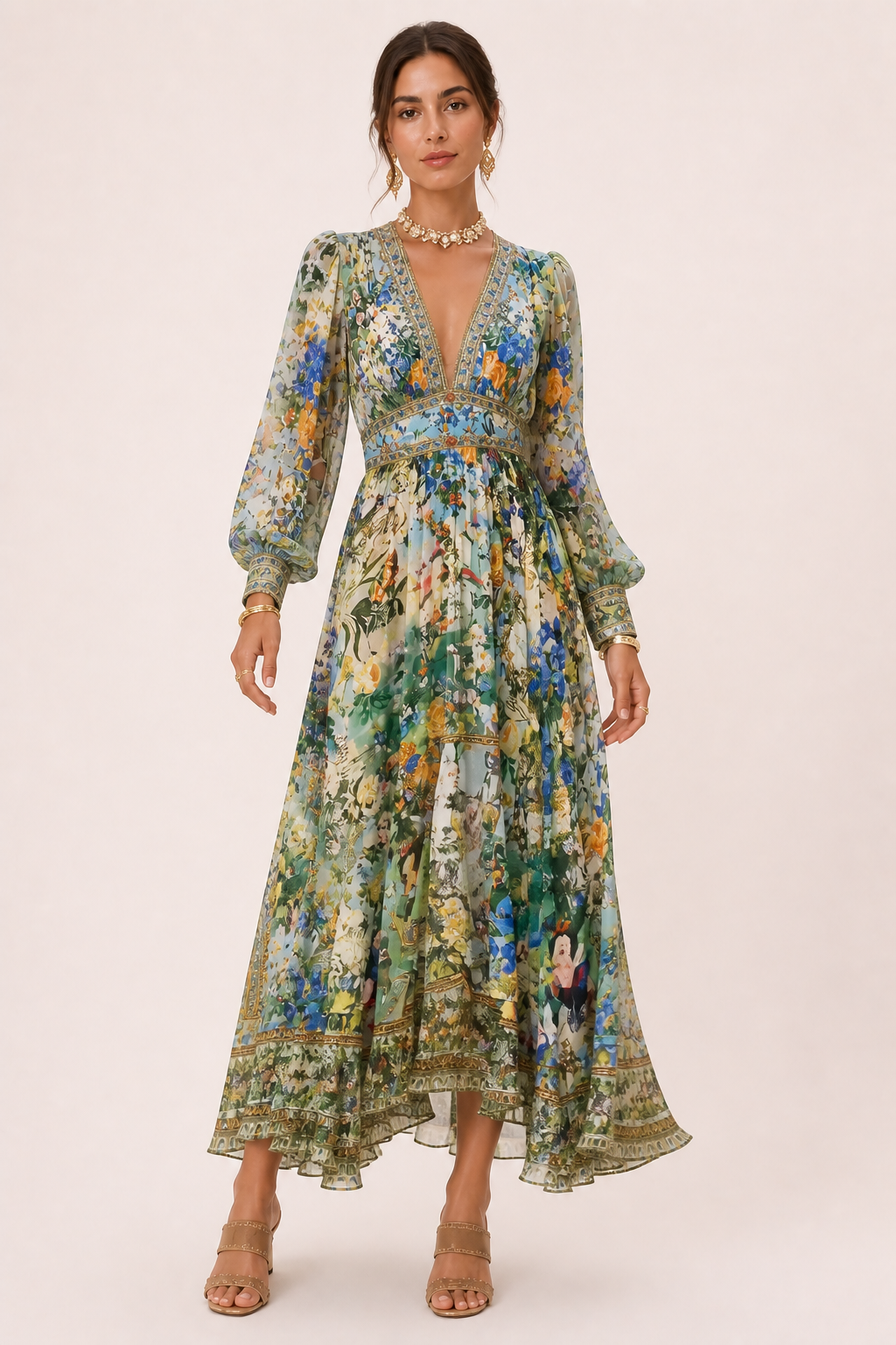 Flatterende midi-jurk voor dames met hoge taille, V-hals en pofmouwen, voor een elegante look.