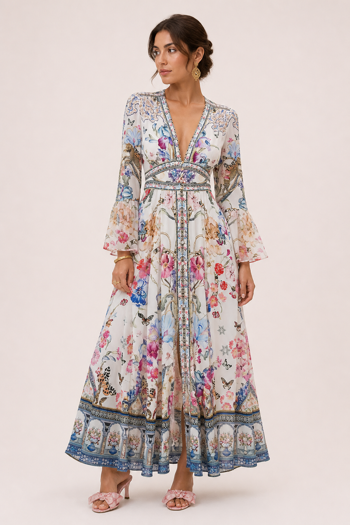 Veelzijdige dames midi-jurk: elegant en casual, met V-hals, pofmouwen en een hoge taille.