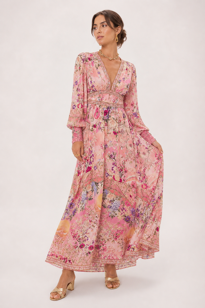 Chique dames jurk: midi-lengte, V-hals, pofmouwen en hoge taille, voor elke gelegenheid.