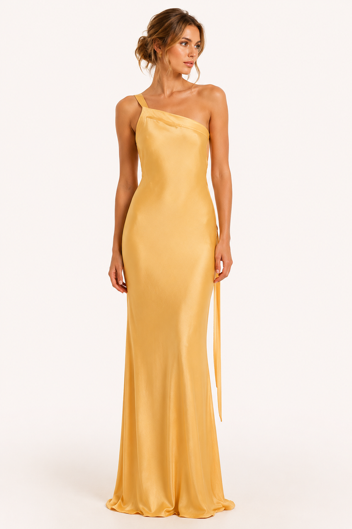 Dames one-shoulder lange jurk in het geel vooraanzicht