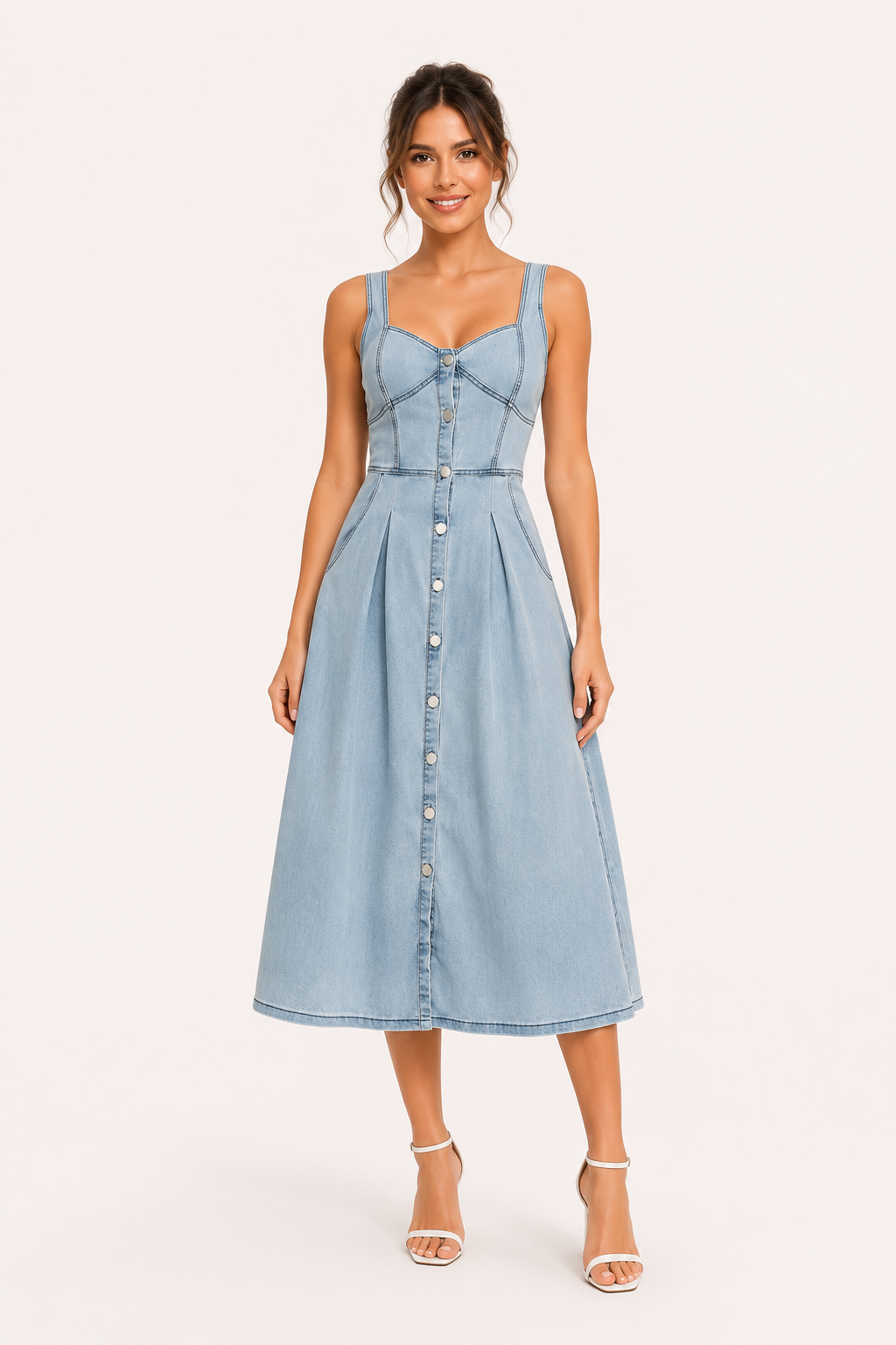 Lichtblauwe dames denim midi jurk met brede banden en elegante A-lijn voor zomerse casual look.