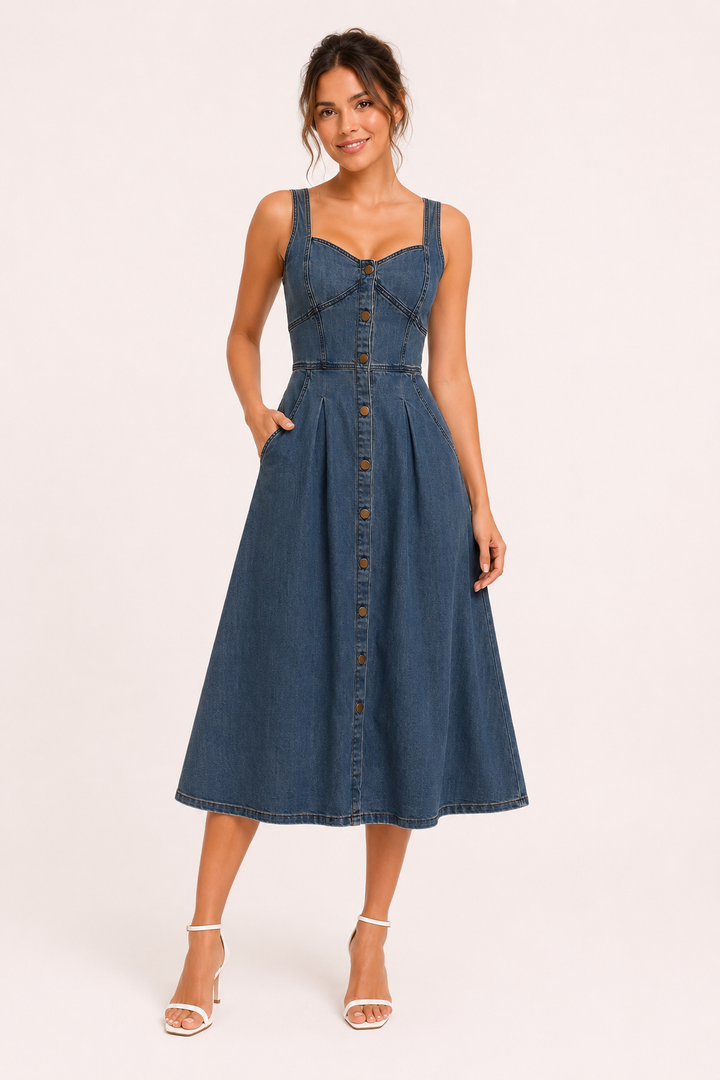 Dames A-lijn denim midi jurk in lichtblauw met comfortabele brede banden, perfect voor de zomer.