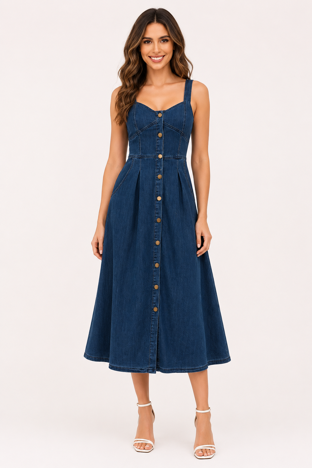 Marineblauwe dames denim midi jurk met brede banden en A-lijn, ideaal voor een chique casual look.