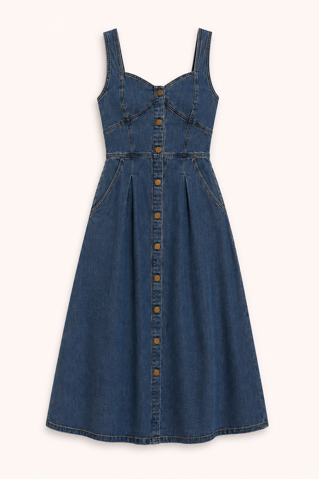 Comfortabele en stijlvolle dames denim midi jurk met brede banden in lichtblauw, een zomer essential.