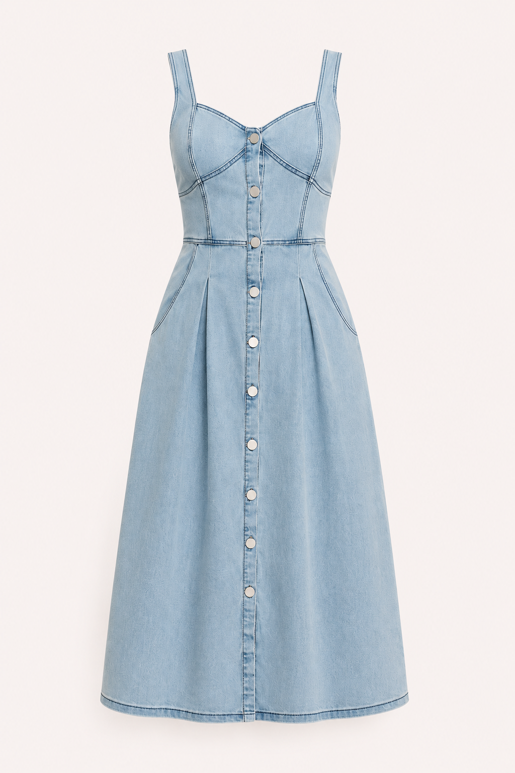 Elegante blauwe denim midi jurk voor dames met brede banden, ideaal voor een stijlvolle zomeroutfit.