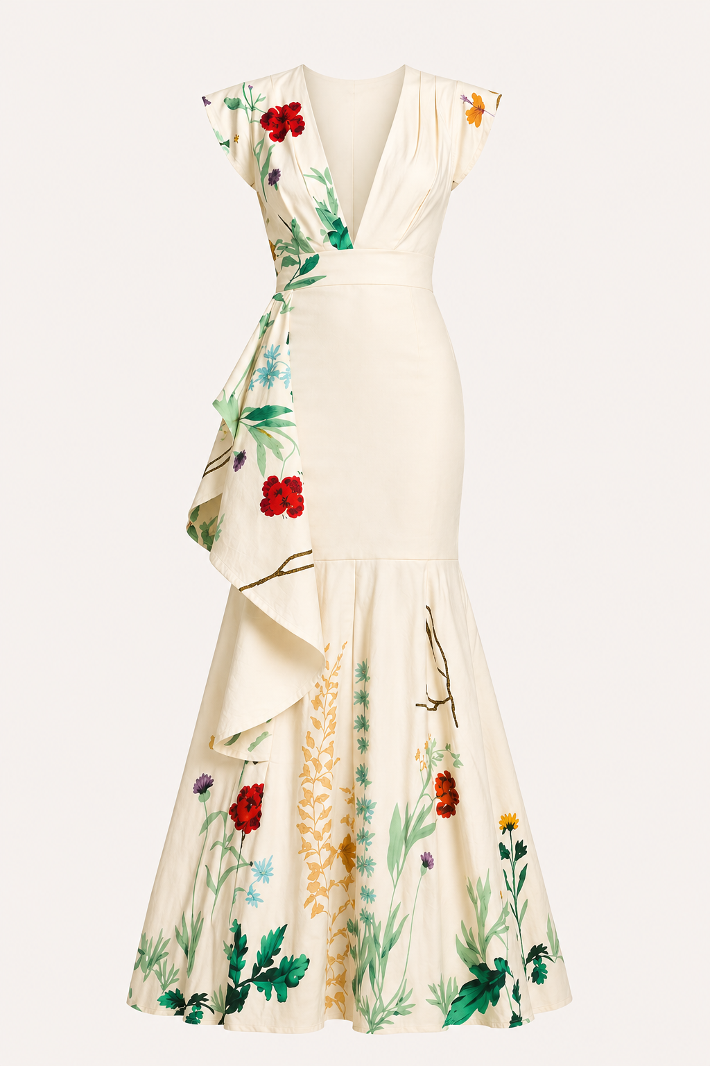 Beige maxi bloemenjurk met V-hals voor dames, getoond vanaf de achterkant