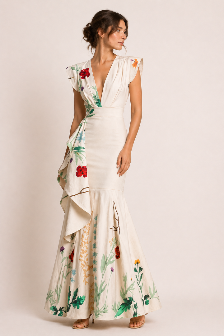 Model draagt een lange beige bloemenjurk met V-hals en zijruches.
