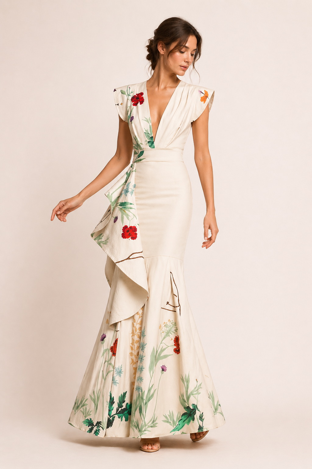 Vooraanzicht van de elegante lange bloemenjurk voor dames in beige.